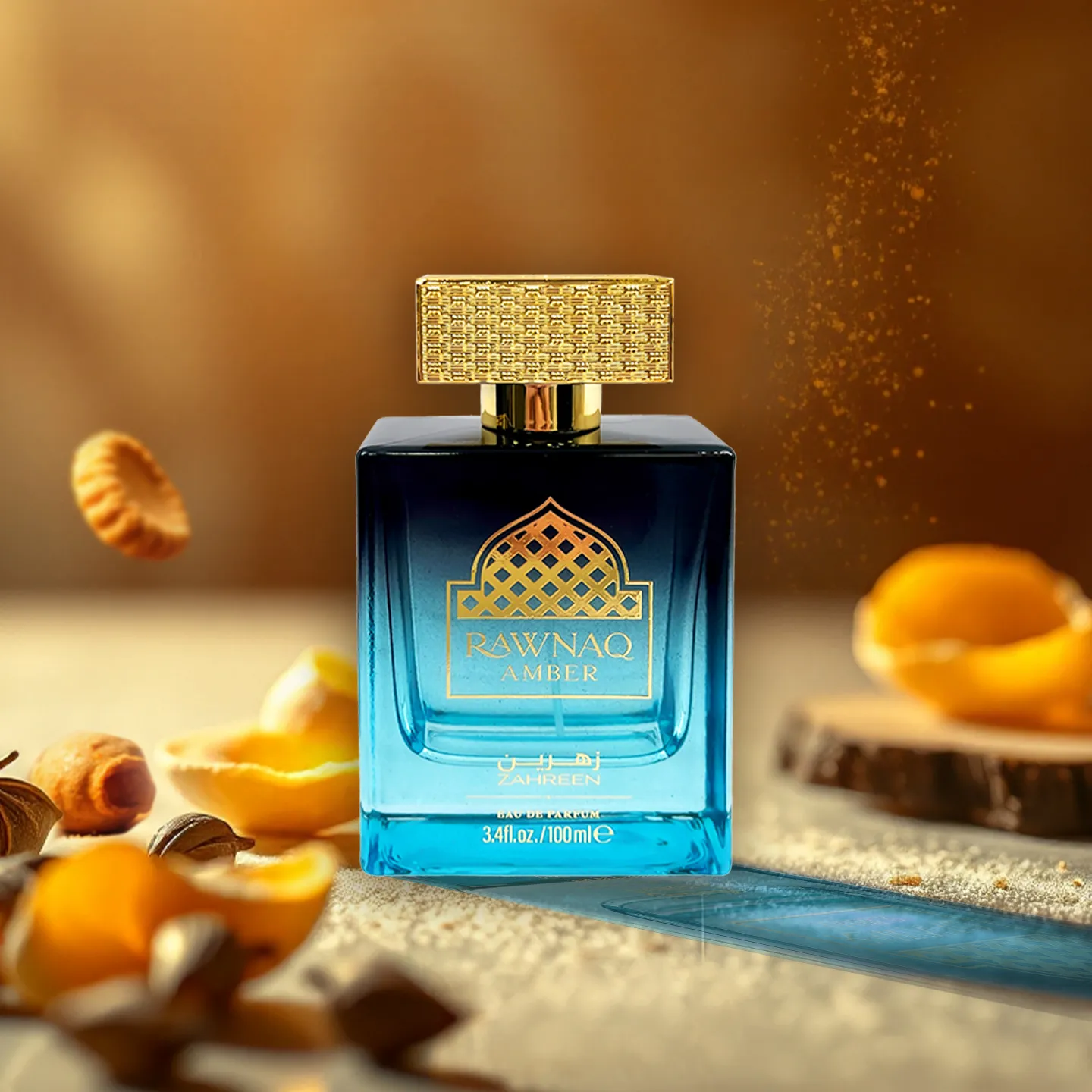 Rawnaq Amber bottle with warm light and spices